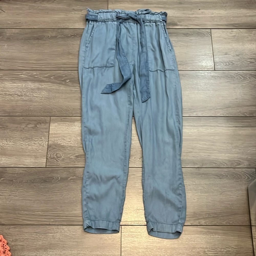 Streetwear society denim like ruffled top light weight tie waist pants